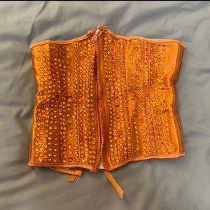 Custom made orange corset. Swarovski rhinestoned by hand. Burlesque costume.